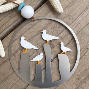 Seagulls on a Pier Ornament with optional personalized greeting card Stainless Steel and hand painted Made in USA image 1