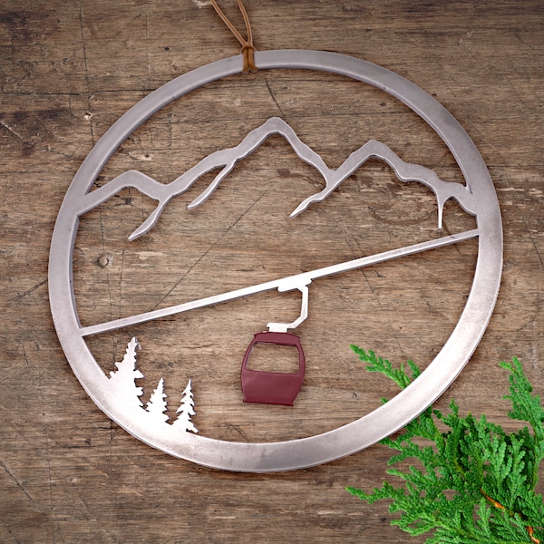 Mountain Gondola Ornament with optional personalized greeting card - Stainless steel and hand painted - Made in USA