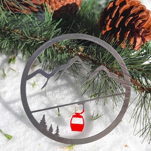 Mountain Gondola Ornament  - Optional Engraving - Stainless steel and hand painted - Made in USA