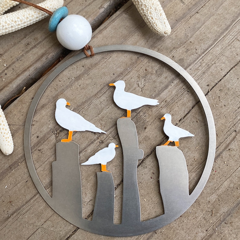 Seagulls on a Pier Ornament with optional personalized greeting card Stainless Steel and hand painted Made in USA image 1