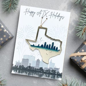 Happy ATX Holidays 5 x 7-wenskaart & Austin Skyline Ornament - Alles-in-één cadeauset- Gravure- ATX skyline/ATX-souvenir/City Pride Keepsake