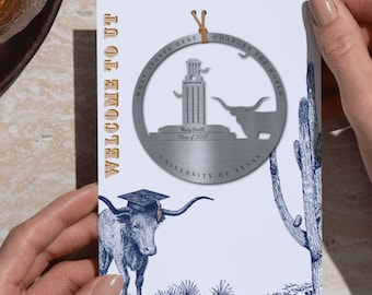 UT Austin Tower Ornament and Optional Card Set: Stainless Steel, Limited Edition, Official Licensee