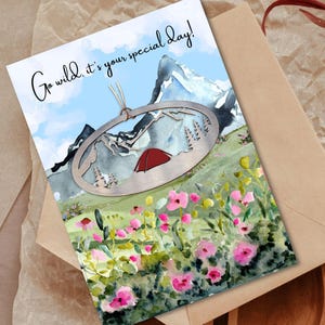 Feliz aniversário - enfeite e cartão para acampamento na montanha - conjunto de presente tudo em um
