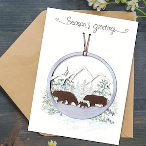 Bärenfamilie Ornament Karte: Gravierter Edelstahl, Bergszene