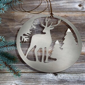 Reindeer in forest Ornament  - Optional Engraving - Stainless steel and hand painted - Made in USA