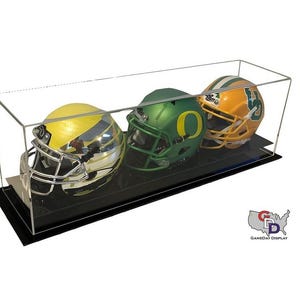 Triple Mini Football Helmet Display Case, Acrylic with UV Protection, Desk, Table or Shelf Top Design