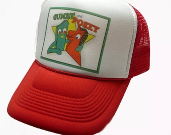 Gumby and Pokey Trucker Hat | Adjustable Trucker Foam Red Hat | Trendy Trucker Mesh Hat | Retro Vintage Trucker Hat | Snapback Hat Mans