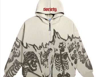 SKeleton Print Gothic Hoodie, Vintage Unisex Zip Up Hoodie, Graphic Oversized Hoodie