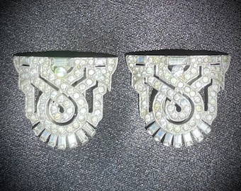 Dress Clips Art Deco Antique Clear Rhinestones Paste Wearable Collectible-wishesantiques