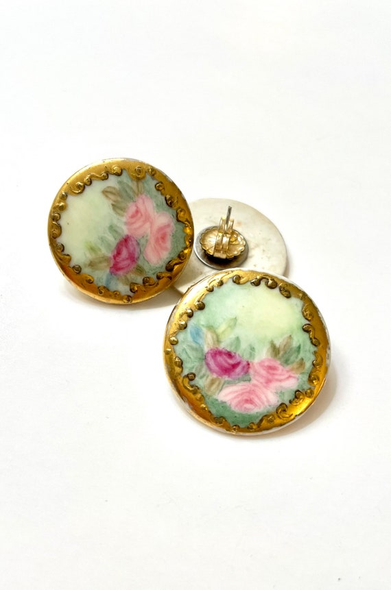 Antique Earrings Brooch Pin Pink Roses Porcelain R