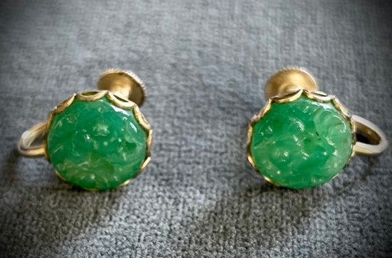 Chrysoprase Vintage Glowing Green Hand Carved Ear… - image 1