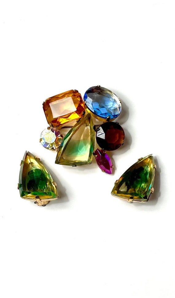 Vintage Multi Color Brooch Earrings Large Stone Gr