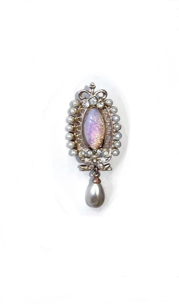 Mid Century Brooch Pin Pink Opal Gold Pearl Collec