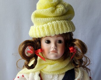 Vintage Porcelain Doll Girl w/Sweater & Mittens on Stand