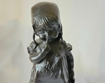 Bronze Statue Girl Standing on Stool After Juan Clara Ayats
