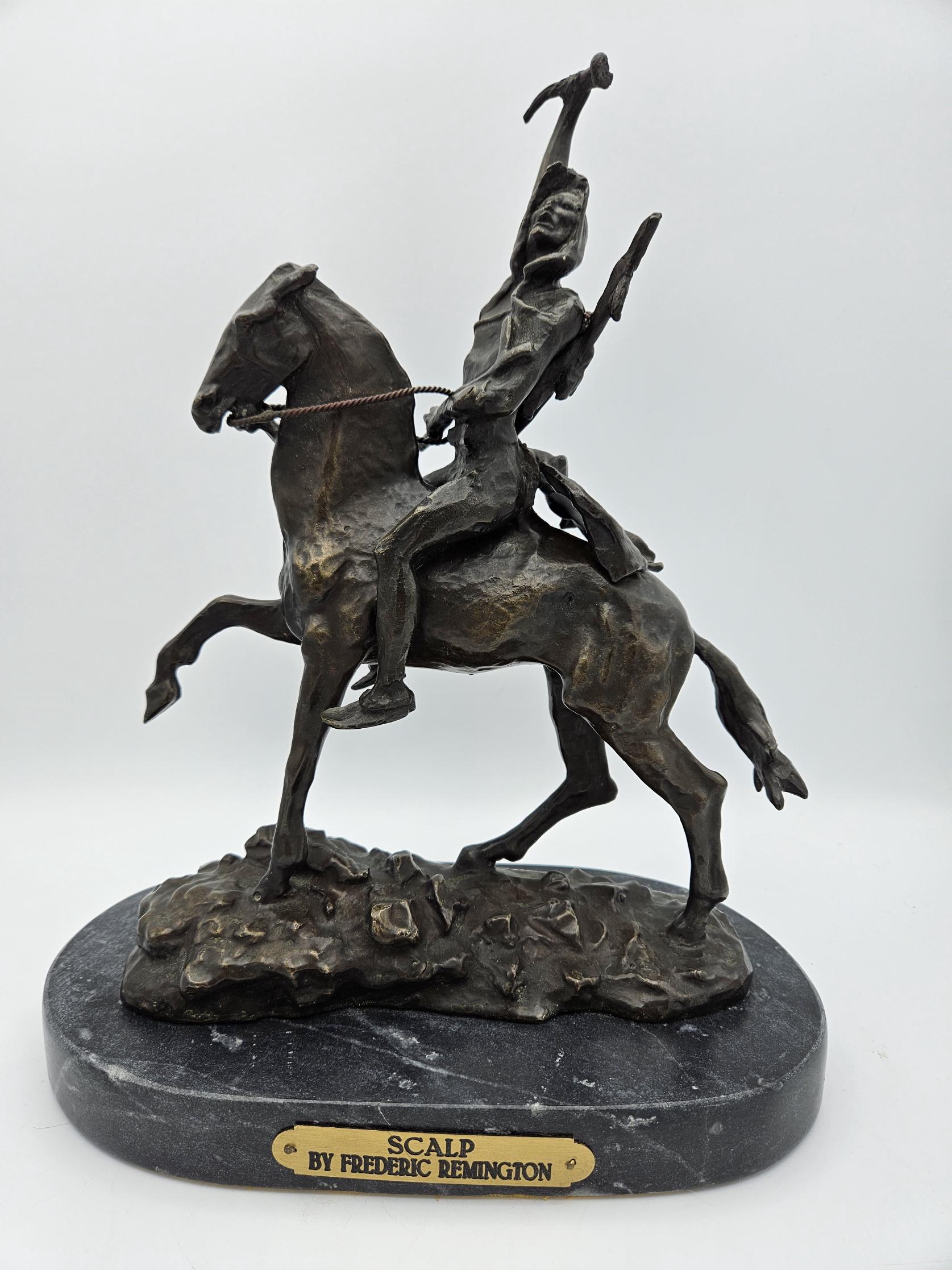 Bronze Sculpture "The Scalp" by Frederic Remington Marble Base 14" Height