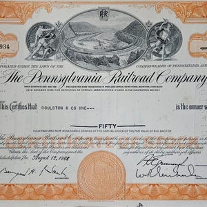 1950s Pennsylvania Railroad Company Stock Certificate - Orange