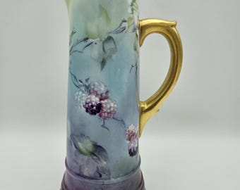 Hand-Painted Blackberry Tankard Pitcher: Vintage Floral Decor, 9&quot;