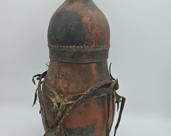 Antique East African Gourd Milk Vessel, Ethiopian Borana Leather Straps, Beadwork (16" tall)