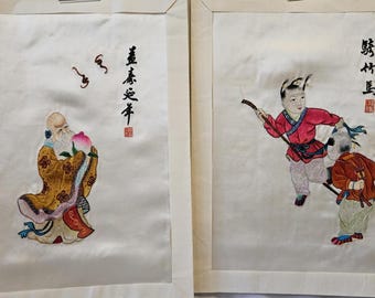 Chinese Silk Embroideries: Shoulao God & Children - Set of Two