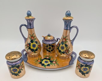 Art Deco Lusterware Japan Condiment Set and Matching Tray Hand-Painted Japan 1960s