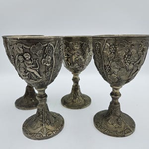 Vintage Set: 4 Corbell and Co  Leaf & Cherub Goblets Silver-Plated