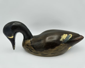 Vintage Carved Wood & Painted Decoy Teal Duck Hunting Green Winged 11" Long
