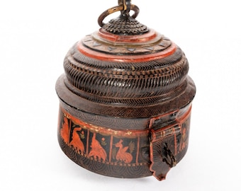 Hand Hammered Copper Box: Antique Indian Painted Chapati Box, 10"