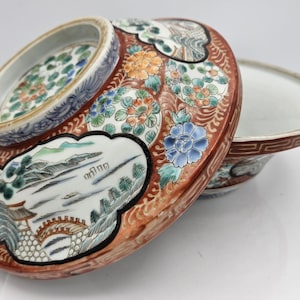 Antique Japanese Lidded Rice Bowl – Hand-Painted Floral & Landscape Design