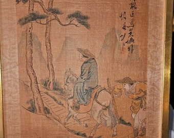 Japanese style Ink and Watercolor Painting on Wood Veneer Titled & Signed