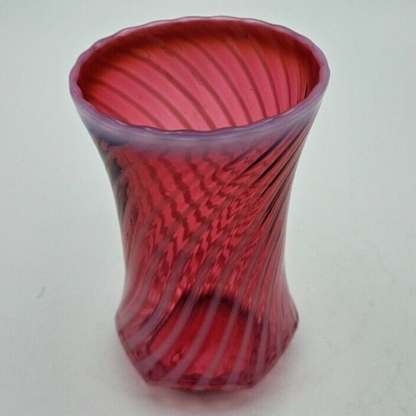 Cranberry Opalescent Glass Fenton Spiral Vase with Swirl Pattern