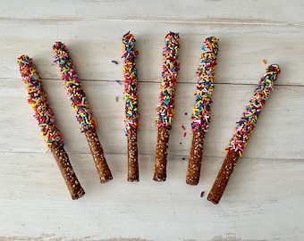 Chocolate Covered Pretzel Rods Fully Covered in Rainbow Sprinkles, 12 Chocolate Covered Pretzels