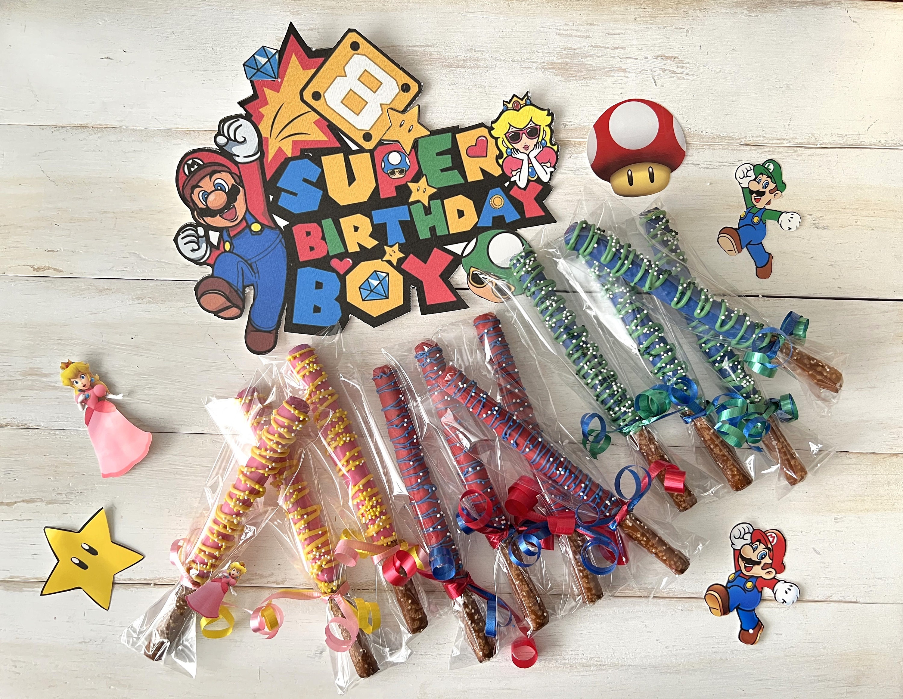 Smaio Rods Mario Theme Chocolate Covered Pretzel Rods, Mario Party, Set of 12 - Etsy