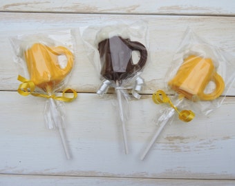 Beer Mug Chocolate Lollipops, Yellow Chocolate Beer Mug Pops ,Brown Beer Mug Lollipop, Fathers Day Lollipop,Oktoberfest Chocolate, Set of 12