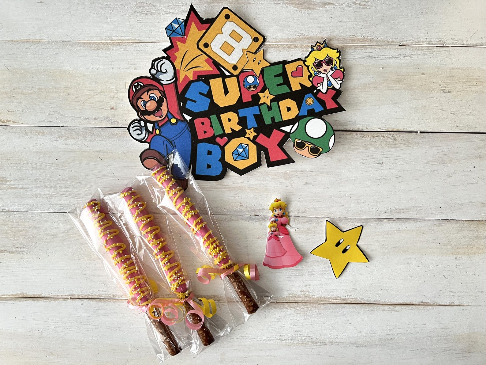 Smaio Rods Mario Theme Chocolate Covered Pretzel Rods, Mario Party, Set of 12 - Etsy