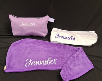 Zipper bag set. Personalized Canvas Zipper Bag, Terry Cloth Hair towel wrap with ealastic closure and a Headband with velcro closure.