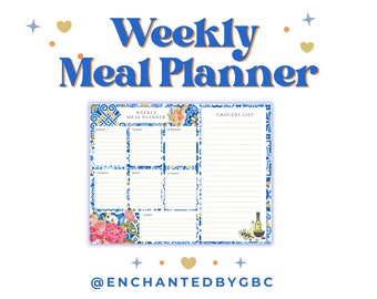 Planner settimanale dei pasti con motivo floreale blu, lista della spesa stampabile (PDF)