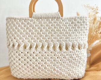 Borsa in macramè fatta a mano con manico in legno – Borsa Boho Chic