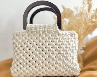 Boho Macrame Handbag – Dark Wood Handle, Chic Wedding Bag