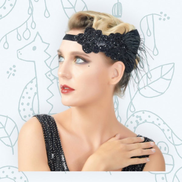 Black Feather Vintage Inspired The Great Gatsby Rhinestone beaded Headband 1920s headpiece Flapper Bridal Wedding Headdress Art Deco women