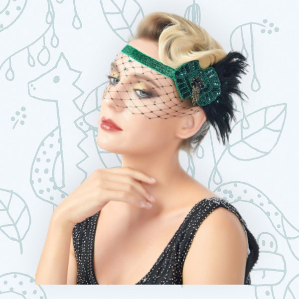 Green Vintage Inspired 1920s Flapper Headband Roaring 20s The great Gatsby Headpiece Black Feather Face Veil Net  Halloween Hair Accessories