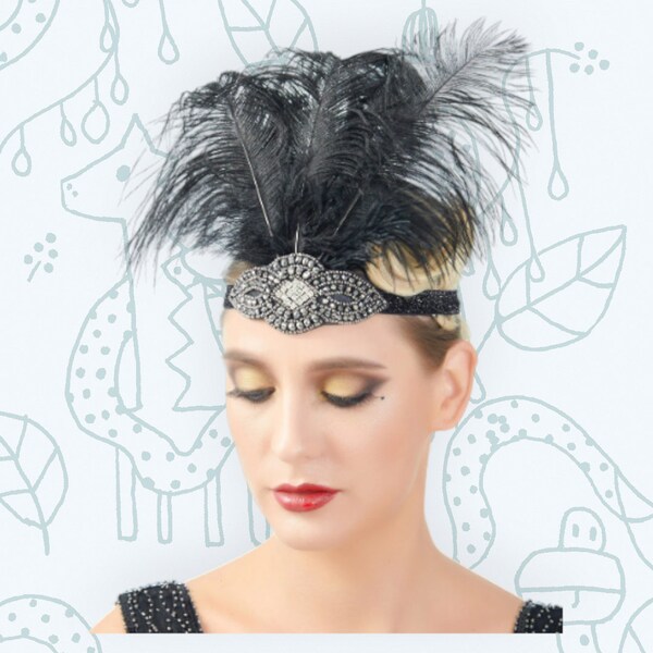 Black Pewter Vintage Inspired The Great Gatsby Rhinestone beaded Headband 1920s headpiece Flapper Black Feather Bridal Wedding Art Deco