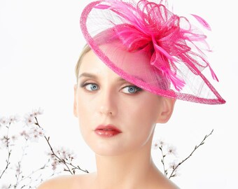 Fuchsia Pink Feather Fascinator Women's Hair Accessories Sinamay Tea Party Headwear Hat Hair Headband Headpiece Net Flora Wedding Prom