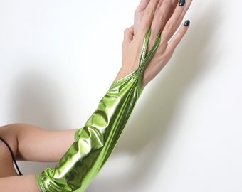 Apple Green Fingerless Up to Elbow 35cm long Shiny Metallic WetLook Stretchy Liquid Gloves Halloween Costume Party Cosplay  Women Girl Kids