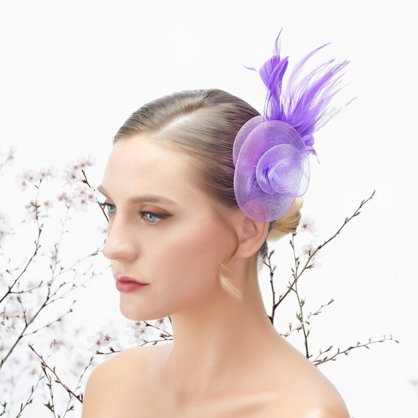 Cute Purple Feather Fascinator Kids or Women's Hair Accessories Sinamay Tea Party Headwear Hat Hair Clip on Headpiece Flora Bow Wedding