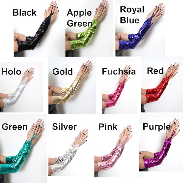 Extra Long Fingerless Over the Elbow Shiny Metallic WetLook Stretchy Color Gloves Halloween Costume Party Cosplay Operal Length Women Girl