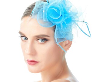 Blue Feather Fascinator Women's Hair Accessories Sinamay Tea Party Headwear Hat Headband Headpiece Flora Wedding Clip On