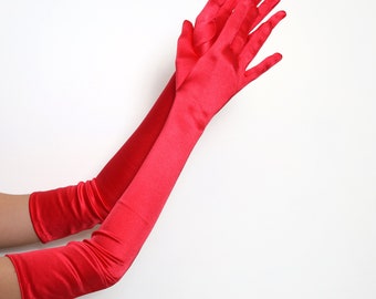 Extra Long Red 23-inch Over the Elbow A-Grade Bridal Satin Gloves Halloween Party Cosplay Formal 20s Operal Length Roaring Party Prom