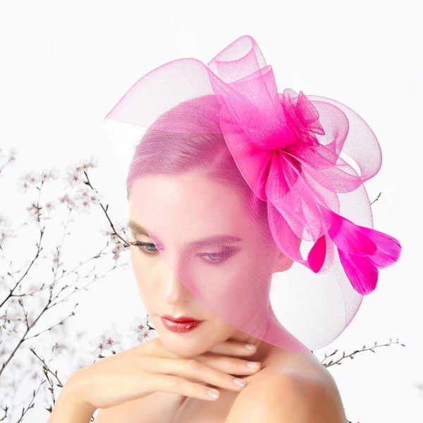 Fuchsia  Pink Feather Fascinator Women's Hair Accessories Sinamay Tea Party Headwear Hat Clip On Headpiece Net Flora Wedding