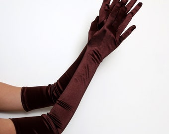 Gants en satin extra longs marron 23 pouces sur le coude de qualité A pour fête d'Halloween, cosplay formel des années 20, longueur opérationnelle, bal rugissant